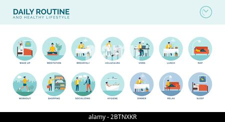 Tägliche Routine, Aufgaben und Aktivitäten einer effizienten glücklichen Frau, gesundes Lifestyle-Konzept Stock Vektor