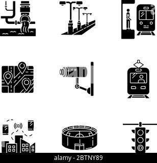 Öffentliche Dienstleistungsregelung schwarze Glyphen Symbole auf weißem Raum gesetzt Stock Vektor