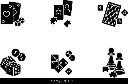 Glücksspiel und intellektuelle Spiele schwarze Glyph-Symbole auf weißem Raum gesetzt Stock Vektor