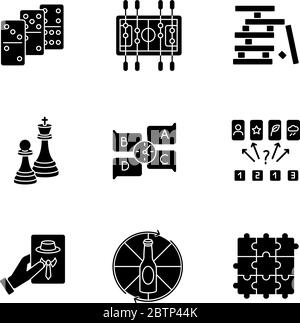 Party Spiele schwarze Glyph Symbole auf weißen Raum gesetzt Stock Vektor