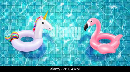 Schwimmbad mit schwimmenden realistischen Schwimmring, blaues Wasser, Wellen und Highlights. Stock Vektor