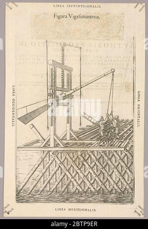 Platte XXIII aus Theatrum instrumentorum et machinarum. Forschung in FortschrittenMaschine zum Antrieb diagonaler Pfähle für Piers, etc. EIN Pfosten mit einem Seil an einem Ende, rechts, gezogen durch zwei Männer, und ein großes rechteckiges Gewicht am anderen, wird auf den Stapel in einem Winkel fallen gelassen. Es wird von einem Holz- und Seilrahmen getragen. Stockfoto