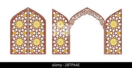 Gewölbtes geschnitztes Tor mit arabischem Ornament. Layout für Beschneidung. Stock Vektor