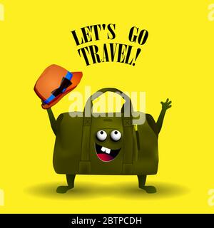 Zeit für Reisen. Lustige Tasche für Reisen. Tasche Charakter. Reisebüro Konzept .Vector helle Illustration Stock Vektor