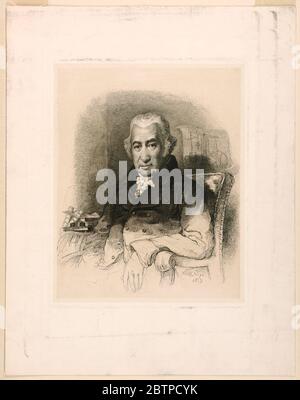 Porträt von James Watt. Forschung in ProgressHalf-langes Porträt des schottischen Erfinders James Watt (1736-1819), sitzend an seinem Schreibtisch, ein Viertel nach links gerichtet, sein Blick nach vorne gerichtet. Sein linker Unterarm ruht auf dem Arm des Stuhls. Bücher, Stift und Zeichnungen hinter ihm. Stockfoto