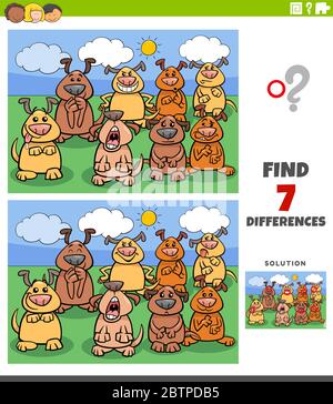 Cartoon Illustration der Suche nach Unterschieden zwischen Bildern Pädagogisches Spiel für Kinder mit Comic-Hunde-Gruppe Stock Vektor