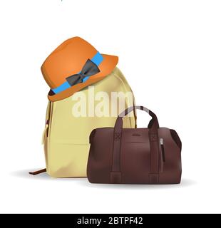 Banner für Werbung in Reisebüros. Reisetasche. Reiserucksack Stock Vektor