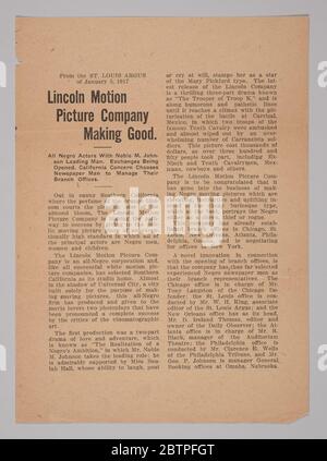 Pressemitteilung der Lincoln Motion Picture Company. Eine Pressemitteilung der Lincoln Motion Picture Company. Der Artikel mit schwarzer Tinte auf weißem Papier gibt Informationen über die Lincoln Motion Picture Company und einige der Filme, die produziert wurden, sowie einige der Schauspieler, die mit dem Unternehmen verbunden sind. Stockfoto