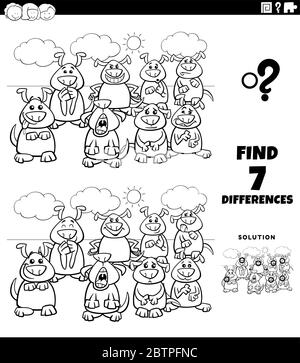 Schwarz-Weiß Cartoon Illustration der Suche nach Unterschieden zwischen Bildern Pädagogisches Spiel für Kinder mit Comic-Hunde Gruppe Malbuch Seite Stock Vektor