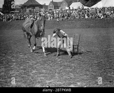 Ihr Anspruch Abstecken ! Foto Zeigt : Als führende Frau poney, eine Reiterin eifrig Anspruch auf einen Stuhl, wie die Musik hört während der Musical Chairs Wettbewerb - eine der vielen Veranstaltungen auf der Haywards Heath Horticultural Society ' s Sommershow in Victoria Park, Haywards Heath, Sussex. Juli 1936 Stockfoto