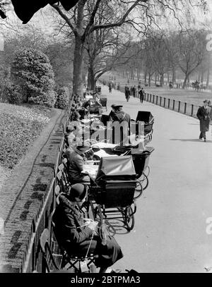 Frühlingsrückreisen nach London. Der Frühling ist nach Tagen des kalten Wetters wieder nach London gekommen, und Londoners strömten bald in die Parks und Freiflächen, um die Vorteile der warmen Sonne zu nutzen. Foto zeigt, Perkorumbulatoren "geparkt durch die Reihe im Hyde Park. 18. April 1936 Stockfoto