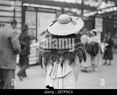 Mit ihren Schwänzen zu Ascot. Foto zeigt: Ein Pelzumhang mit Schwänzen und einem breitrandigen Hut, der von einer Racegoistin getragen wurde, als sie Waterloo Station für den zweiten Tag des Ascot-Treffens verließ. 16 Juni 1937 Stockfoto