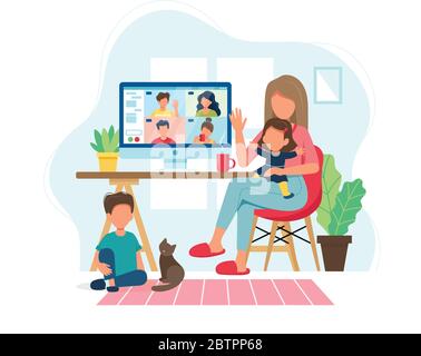 Konzept „Bleib zu Hause“. Frau mit Kindern ruft Freunde per Videokonferenz in gemütlicher, moderner Einrichtung an. Vektorgrafik im flachen Stil Stock Vektor