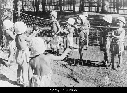 Ihr „Wimbledon!“. Ein kritischer Moment in einem Volleyballspiel in einem Kinderland Ferienhäuser in Moskau. Mit den winzigen Spielern passend in Shorts und Sonnenhüte gegart, haben sie keine Schwierigkeiten, Kohle zu halten, auch wenn das Spiel heiß ist. 27 Juni 1937 Stockfoto