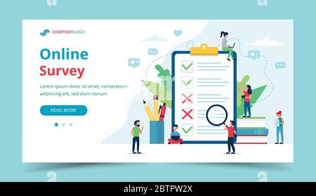 Online-Umfrage zur Kundenzufriedenheit. Großes Papier mit Zecken und Kreuzen. Kleine Personen. Vektorgrafik im flachen Stil Stock Vektor