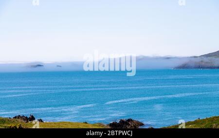 Nebel oder Nebelbank treiben über die Küste. Stockfoto