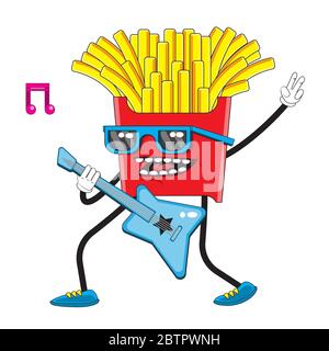 Illustration von Französisch frites Karikatur mit Brille Gitarre spielen. Vektorbild Stock Vektor