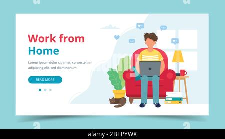 Home Office Konzept, Mann von zu Hause aus auf einem Stuhl sitzen, Student oder Freiberufler. Vorlage für Landing Page. Niedliche Vektorgrafik im flachen Stil Stock Vektor