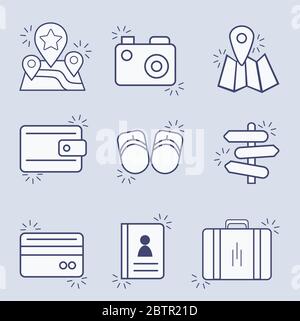 Satz von Konturvektorsymbolen von Straße, Urlaub, Urlaub. Symbolzeile. Stock Vektor