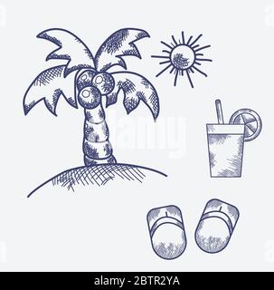 Set von Vintage-Handzeichnungen - Urlaub, Urlaub, Meer, Palme Stock Vektor