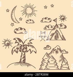 Handgezeichnet. Vintage. Arten von Erholung, Natur, Palmen, Berg. Sammlung von Vektorbildern. Stock Vektor