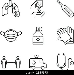 Satz von Virensymbolen. Symbole für die Gesundheits- und Medizinlinie. Symbole für Coronavirus Stock Vektor