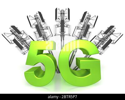 5G grünes Wort mit fünf Antennen auf weißem Hintergrund Stockfoto