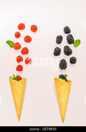 Himbeere und Brombeere fallen in zwei Eiszapfen. Sommerkonzept. Stockfoto
