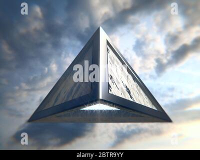 Pyramidenförmiges UFO, das am Himmel fliegt Stockfoto