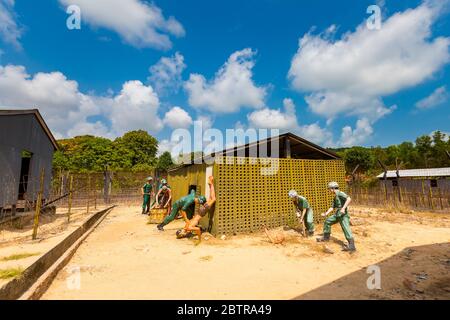 Szenen des Bürgerkriegs im Kokosnussbaum Gefängnis auf der Insel Phu Quoc - einem Thoi Gebiet in Vietnam. Realistische Szenen mit Puppen. Stockfoto