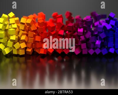 Regenbogen farbige Würfel auf schwarzem und glänzendem Hintergrund Stockfoto