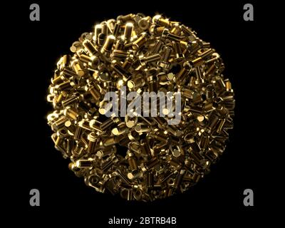 Kugelförmige Montage von goldenen Schrauben auf schwarzem Hintergrund mit Schärfentiefe Stockfoto