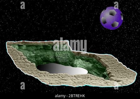 Diese Vision eines Weltraumportals im Fragment eines zerstörten Planeten basiert auf den Felsformationen am Kilve Beach in Somerset. Stockfoto
