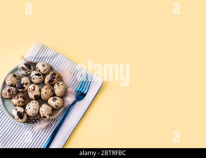 Frische Eier in verschiedenen Größen mit Federn auf hellgelbem Hintergrund. Platz für Text, Draufsicht Stockfoto