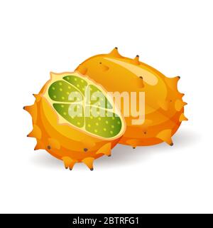 Kiwano oder gehörnte Melonenfrüchte auf weißem Hintergrund. Organisch tropischer Genuss, Vektorgrafik im flachen Stil. Vegane Speisen Stock Vektor