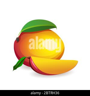 Reife Mango mit Blatt isoliert auf weißem Hintergrund. Süße exotische Frucht, Vektor-Illustration in flachem Stil Stock Vektor