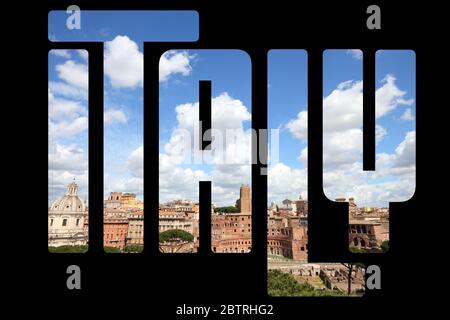 Italien - Länderzeichen mit Foto in Rom im Hintergrund. Isoliert auf Schwarz. Stockfoto