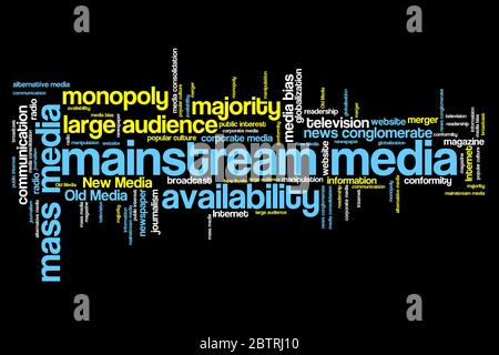 Mainstream Medien Themen und Konzepte Wort cloud Abbildung. Wort collage Konzept. Stockfoto