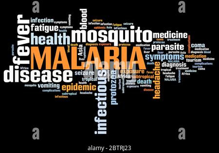 Malaria - Reisekrankheit in Afrika, Asien und Lateinamerika. Tourist Health Wort Wolke. Stockfoto