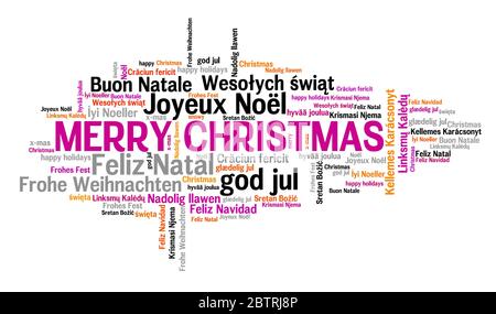 Frohe Weihnachten wünscht Übersetzung. Internationale Weihnachtswünsche in mehreren Sprachen, darunter Englisch, Französisch, Portugiesisch, Polnisch und Spanisch. Stockfoto