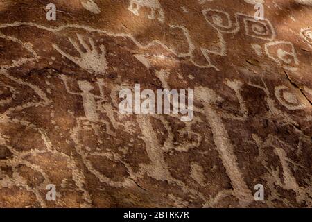 CO00265-00...COLORADO - EINE überfüllte Tafel von Felszeichnungen, die am Petroglyph Point im Mesa Verde Nationalpark gefunden wurden. Stockfoto