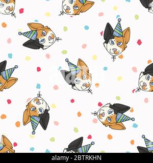 Nette Cartoon japanische Bobtail Katze Gesicht mit Party Hut nahtlose Vektor-Muster. Pedigree Kitty Rasse häusliche Feier Hintergrund. Katzenliebhaber Asiatisch Stock Vektor