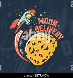 Raketenflug um den Mond. Vintage-Poster. Mond Lieferung - Retro Vektor Illustration. Abgenutzte Grunge-Textur auf separater Schicht. Stockfoto