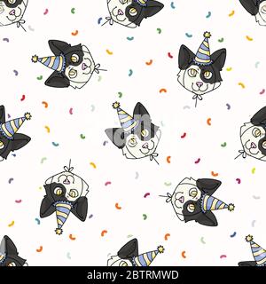 Nette Cartoon japanische Bobtail Kätzchen Gesicht mit Party Hut nahtlose Vektor-Muster. Pedigree Kitty Rasse häusliche Feier Hintergrund. Katzenliebhaber Stock Vektor