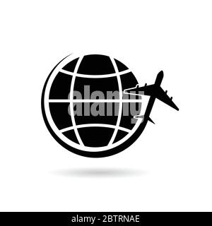 Planet Erde mit Flugzeug schwarzen Vektor Silhouette Illustration Stock Vektor