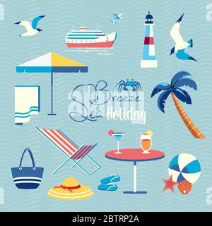 Sommer Meer Strand Spaß Rest Symbol flach Vektor gesetzt Stock Vektor