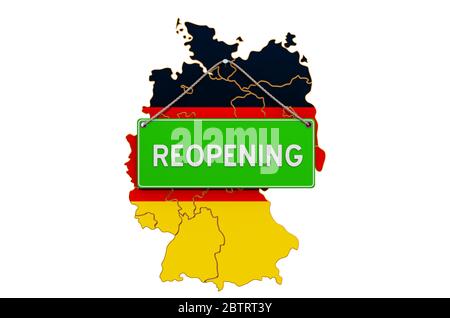 Wiedereröffnung Deutschland nach Quarantäne-Konzept, 3D-Rendering isoliert auf weißem Hintergrund Stockfoto