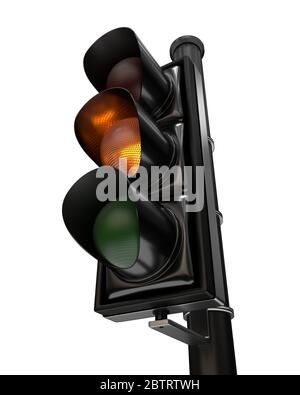 Nahaufnahme an einer Ampel leuchtet die orangefarbene Lampe, isoliert auf weißem Hintergrund Stockfoto