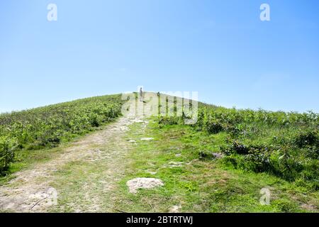 CAM Peak Richtung Cam Long Down auf dem Cotswold Way, Gloucestershire, England, Großbritannien Stockfoto