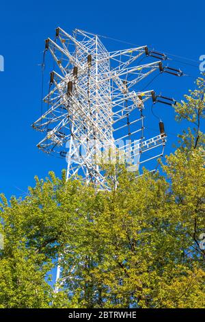 Hochspannungs-Hochspannungsmast mit umfangreicher Metallkonstruktion und mehreren elektrischen Leitungsanschlüssen, die über grünen Bäumen aufragen Stockfoto